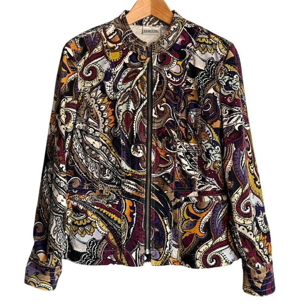 Vintage 2000s Chico’s Women's Small Corduroy Jacket Paisley Boho Zip Front